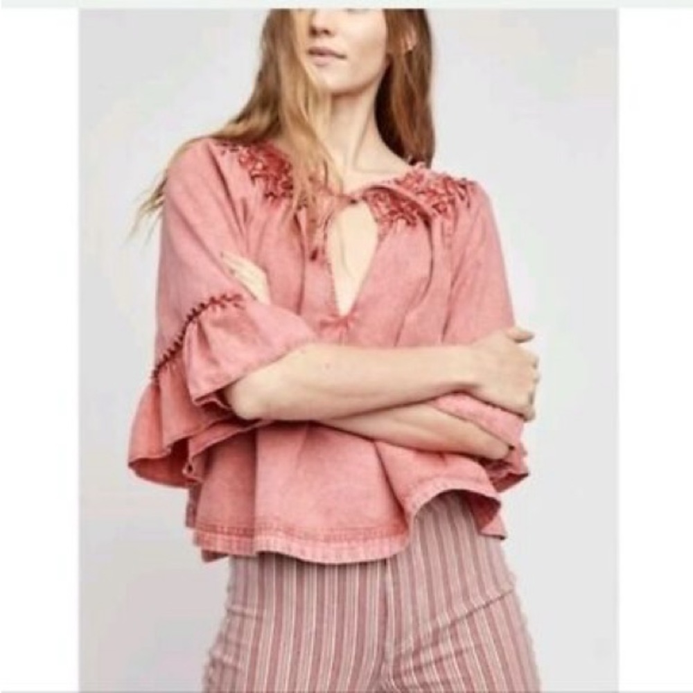 NWT Free People Ainsley Denim Top Smocked Bell Sleeve Blouse - Picture 2 of 12